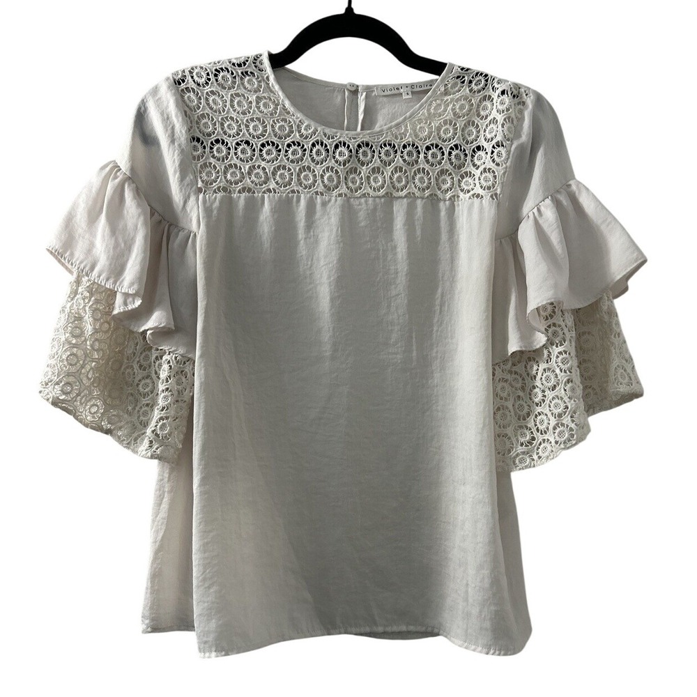 Violet + Claire Blouse S White Crochet Lace Bell Sleeve Edwardian Romantic